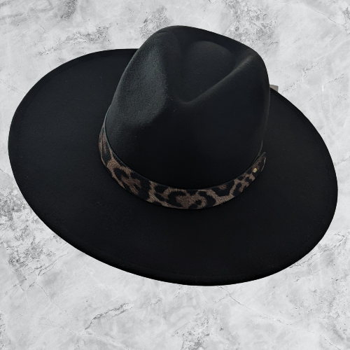 H_Wide Brim Fedora with Animal Print Trim