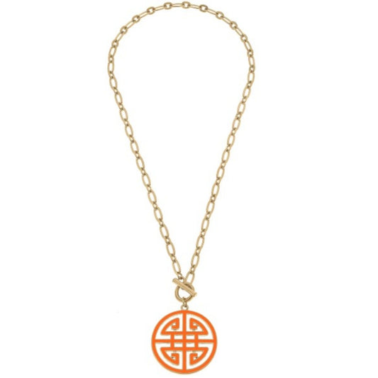 N_ Orange Greek Key Pendant Necklace