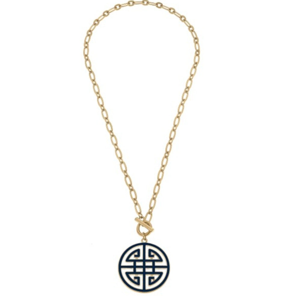 N_Navy Greek Key Pendant Necklace