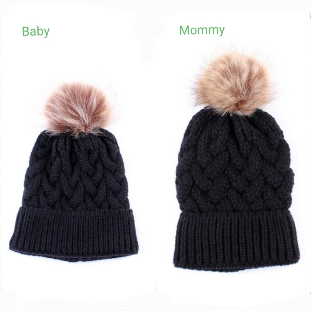 Mommy me black knit beanies with soft fluffy pom pom