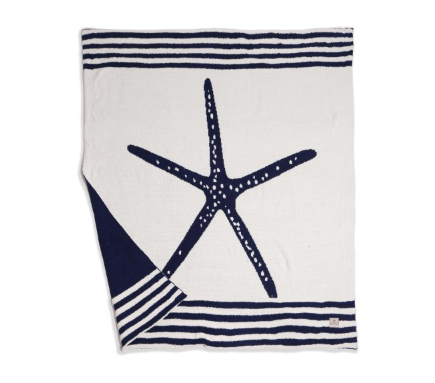 starfish, beach blanket. white blanket with blue starfish center stage, blue stripes on opposing sides