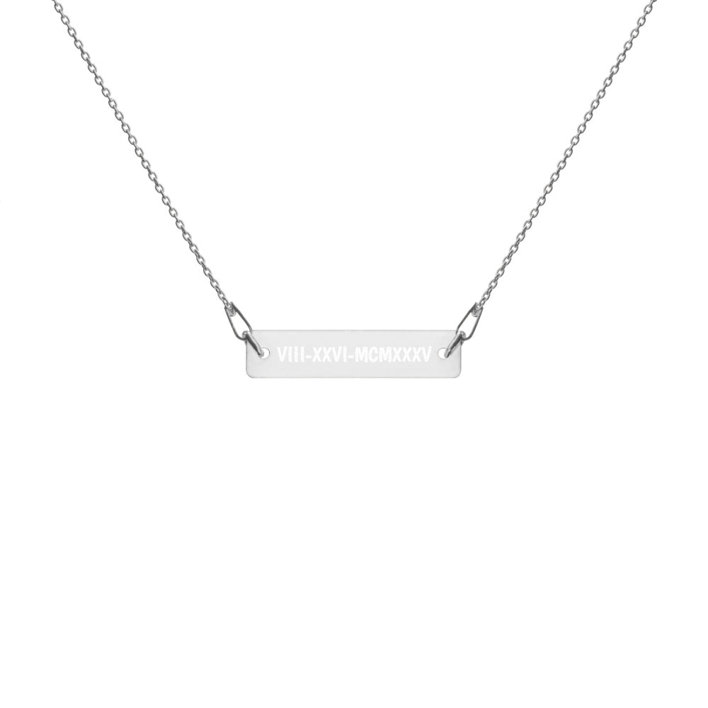 N_Engraved Roman Numeral Silver Bar Chain Necklace