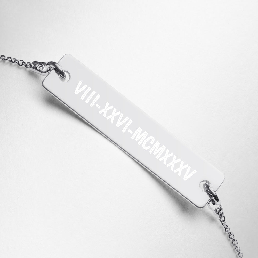 N_Engraved Roman Numeral Silver Bar Chain Necklace