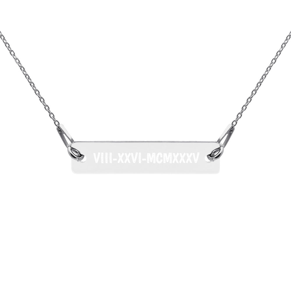 N_Engraved Roman Numeral Silver Bar Chain Necklace